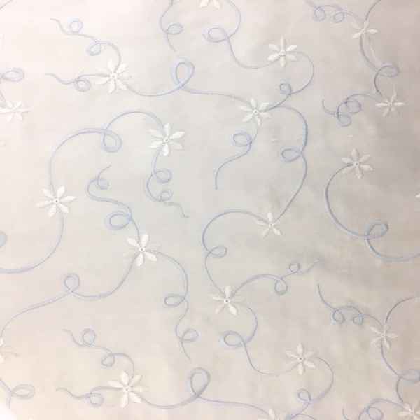 Ivory and Blue flowers Embroidered Silk